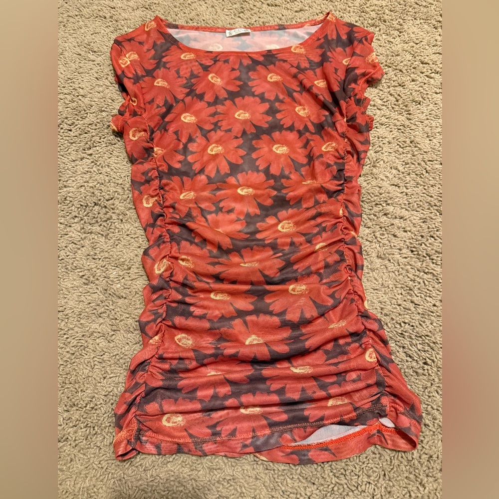 FP Movement by Free People Orange Floral Ruched Mesh Tee
